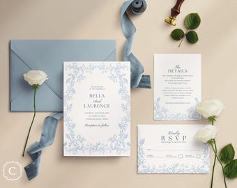 Dammig blå blommig bröllopsinbjudningssvit, redigerbar Canvas-mall (digital nedladdning) - Everleigh Blue