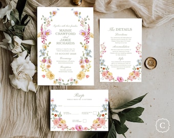Floral Wedding Invitation Suite, Summer Garden Invite Set, Wildflower Design Template (Digital Download) - SUNNYWOOD GARDEN