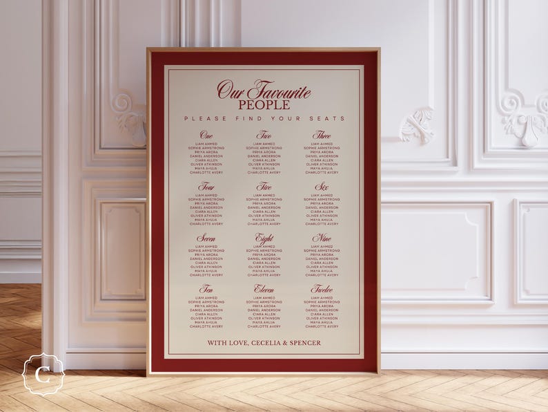 Puede incluir: Un plano de asientos de boda enmarcado con un fondo color crema y un borde burdeos. El texto "Our Favourite People" y "Please Find Your Seats" est&aacute;n en la parte superior. Los nombres se enumeran bajo los n&uacute;meros del uno al doce. La parte inferior dice "With Love, Cecelia & Spencer."