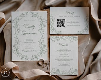Sage Green Floral Wedding Invitation Suite, Vintage Chinoiserie Invite Set, Editable Template (Digital Download) - HAMPSTEAD GREEN