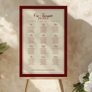Puede incluir: Un plano de asientos enmarcado en color burdeos con el texto "Our Favourite People" y los nombres de los invitados. El gr&aacute;fico se muestra en un caballete dorado, con flores blancas en primer plano. Tambi&eacute;n es visible el texto "Please Find Your Seats".