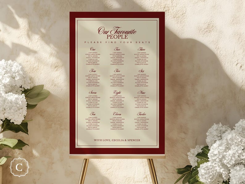 Puede incluir: Un plano de asientos enmarcado en color burdeos con el texto "Our Favourite People" y los nombres de los invitados. El gr&aacute;fico se muestra en un caballete dorado, con flores blancas en primer plano. Tambi&eacute;n es visible el texto "Please Find Your Seats".