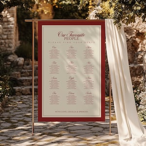Puede incluir: Un plano de asientos de boda con un borde burdeos y un marco dorado. El texto "Our Favourite People" est&aacute; en la parte superior, con los nombres de los invitados a continuaci&oacute;n. El letrero se muestra al aire libre, con un camino de piedra y vegetaci&oacute;n en el fondo.