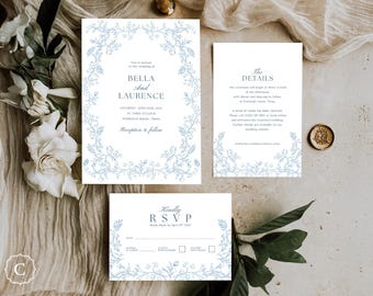 Dusty Blue Floral Wedding Invitation Suite, Editable Canva Template (Digital Download) - Everleigh Blue