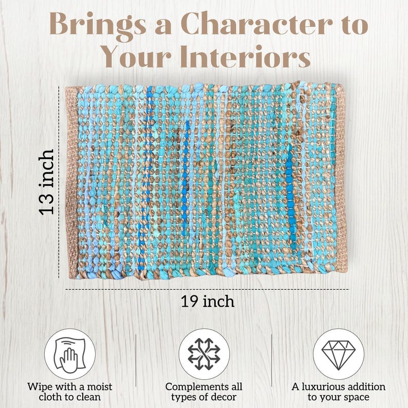 May include: A rectangular woven rug with a turquoise and brown pattern, measuring 19 inches by 13 inches. The rug has a natural fiber border and the text "Brings a Character to Your Interiors". It is designed to complement all types of decor.