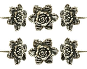 Set of 6 Drawer Knobs Silver Flower Cabinet Knobs Chrome Floral Dresser Knobs Handcrafted Flower Knobs Decorative Metal Furniture Hardware