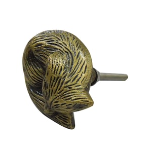 May include: A decorative cabinet knob with a detailed, textured design. The knob is made of brass and has a dark, antique finish. The knob is shaped like a stylized bird or feather.
