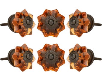 Set of 6 Amber Glass Knobs - Antique Finish Melon Drawer Knobs Decorative Pulls Cabinet Knobs Vintage Furniture Hardware Handle Crystal Knob