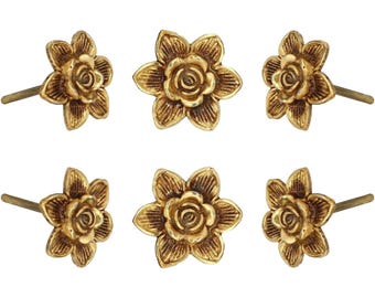 Set of 6 Elegant Gold Flower Knobs - Brass Metal Drawer Knobs - 2" Diameter Cabinet Handles - Antique Finish Hardware Pulls
