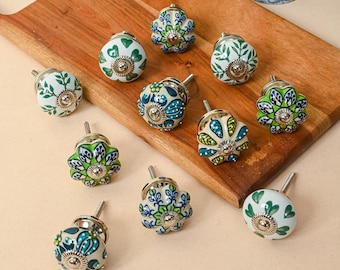 Set of 12 Ceramic Green Knobs | Vintage Garden Drawer Pulls | Hand-Painted Dresser Handles | Unique Cabinet Hardware |Cupboard Door Knob Set