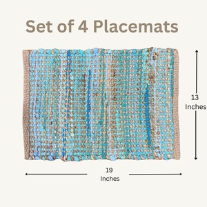 May include: Set of 4 placemats. Woven placemats with a turquoise and brown color scheme. Each placemat measures 19 inches long and 13 inches wide. The text "Set of 4 Placemats" is at the top of the image.