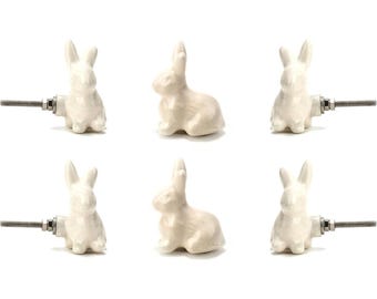 Set of 6 Off-White Ceramic Rabbit Knobs Bunny Drawer Pulls Handcrafted Animal Cabinet Handles Nursery Furniture Decor Vintage Style Hardware