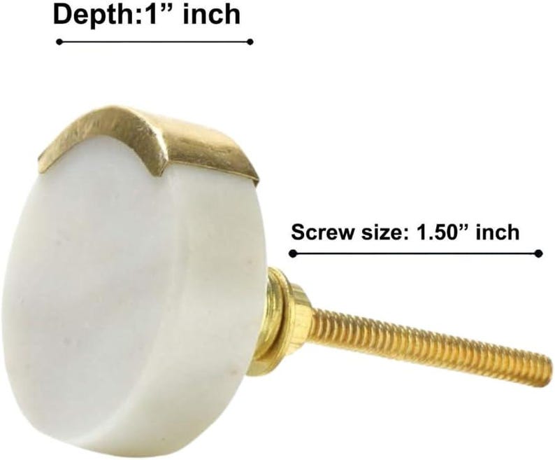 May include: A white cabinet knob with a gold-colored metal accent. The knob has a depth of 1 inch and a screw size of 1.50 inches. The knob is designed for furniture and home decor.