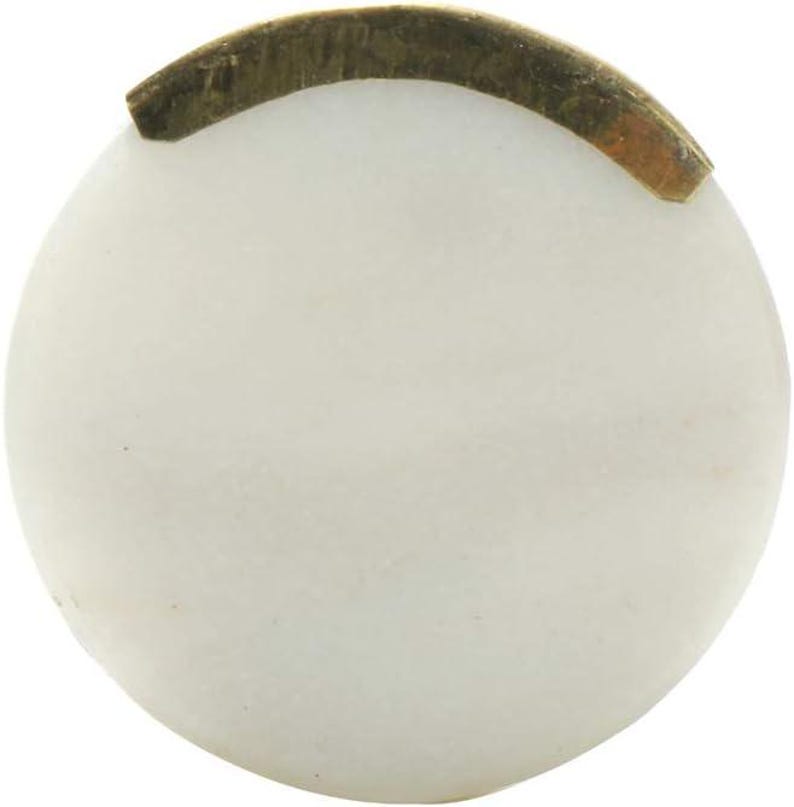 May include: A round, white marble cabinet knob with a curved, brass-colored metal accent. The knob is smooth and polished, with a slight variation in the white color. The metal accent is slightly tarnished.