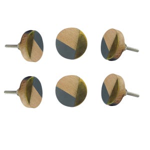 May include: Six wooden cabinet knobs with a modern design. Each knob features a natural wood grain, a section painted in a dark gray, and a gold-colored metal accent. The knobs are round with a screw for easy installation.