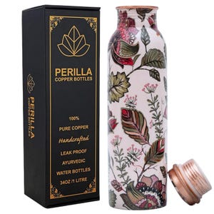 Carrara Pure Copper Water Bottle 1L (34oz) Floral Print Finish Leakproof Ayurvedic Health Bottle Travel Yoga Gym Copper Vessel Drink More