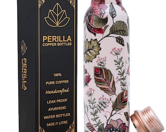 Carrara Pure Copper Water Bottle 1L (34oz) Floral Print Finish Leakproof Ayurvedic Health Bottle Travel Yoga Gym Copper Vessel Drink More
