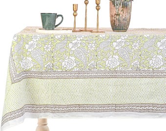Hand Block Printed Cotton Tablecloth Iris Floral Table Linen Rectangle Indian Blockprint Table Cover Boho Farmhouse Dining Decor