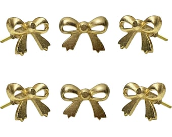 Set of 6 Brass Bow Tie Knobs, Gold Coquette Cabinet Pulls, Cute Ribbon Drawer Knobs, Nursery Dresser Hardware, Metal Bow Decor Handles