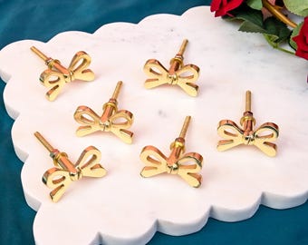 Brass Bow Ribbon Knobs Set of 6 Elegant Gold Drawer Knobs Vintage Handmade Cabinet Hardware Dresser knobs Cabinet Knobs Golden Iron Metal
