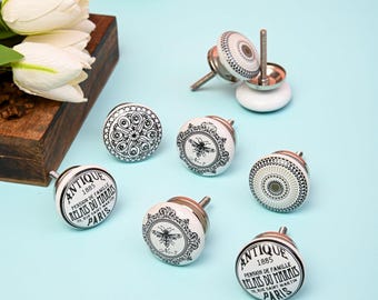 Conjunto de 8 puxadores de cerâmica cinza estampados - Puxadores de armário com design vintage variado - Puxadores decorativos para gavetas - Puxadores para móveis estilo shabby chic