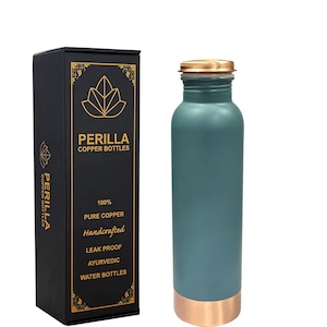 May include: A teal copper water bottle with a copper base and lid, beside a black box with gold lettering. The box reads "PERILLA COPPER BOTTLES" and lists features like "100% Pure Copper" and "Handcrafted".