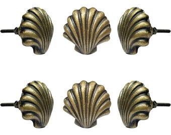 Set of 6 Beach Shell Metal Cabinet Knobs Coastal Scallop Shell Drawer Knobs Nautical Furniture Hardware Ocean Theme Nursery Decor Pulls