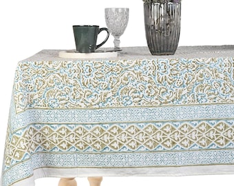 Hand Block Printed Cotton Tablecloth Athena Floral Table Linen Rectangle Indian Blockprint Table Cover Boho Farmhouse Dining Decor