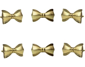 Set of 6 Brass Bow Tie Knobs, Ribbon Tie Bow Cabinet Knobs, Coquette Style Dresser Knobs, Nursery Furniture Hardware, Gold Bow Drawer Pulls