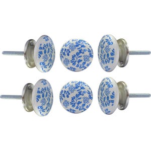 Blå Shabby Chic Keramiska Skåpknoppar Set med 6 | Vintage Blommiga Möbelbeslag Handtag för Byråer/Kökslådor