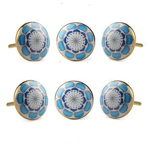 Marigold Ceramic Cabinet Knobs Set of 6 | Light Blue Floral Decorative Hardware for Dresser Kitchen Cupboard Drawer Pulls