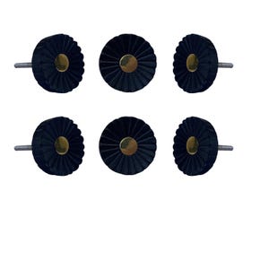 May include: A set of six circular cabinet knobs featuring a dark navy blue, pleated, fan-like texture radiating from a central, smooth, polished gold-tone metal disc. Each knob includes a threaded metal bolt extending from the back for installation.