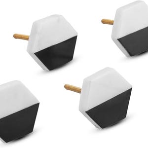 Black & White Marble Hexagon Drawer Knobs (Set of 6) | Geometric Natural Stone Cabinet Hardware | Modern Farmhouse Dresser Handles