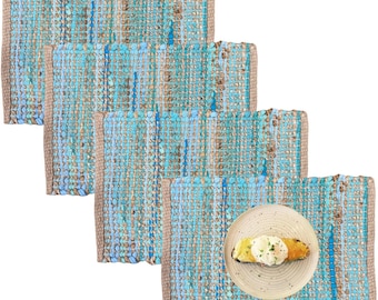 Set of 4 Turquoise Chindi Placemats Handwoven Denim and Cotton Table Mats Boho Chic Dining Decor Sustainable Recycled Fabric Placemats