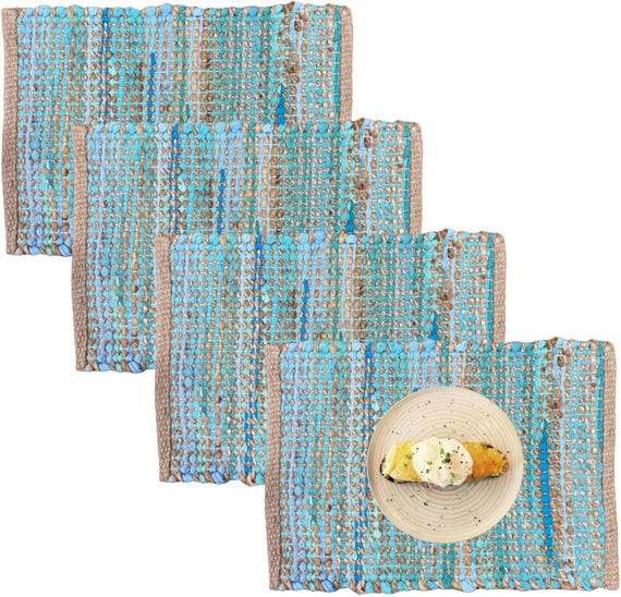 Set of 4 Turquoise Chindi Placemats Handwoven Denim and Cotton Table Mats Boho Chic Dining Decor Sustainable Recycled Fabric Placemats