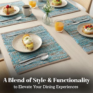May include: A dining table set with blue and tan woven placemats, each with a plate, silverware, and a glass of orange juice. The plates hold breakfast items like pancakes and toast. The text reads "A Blend of Style & Functionality to Elevate Your Dining Experiences."