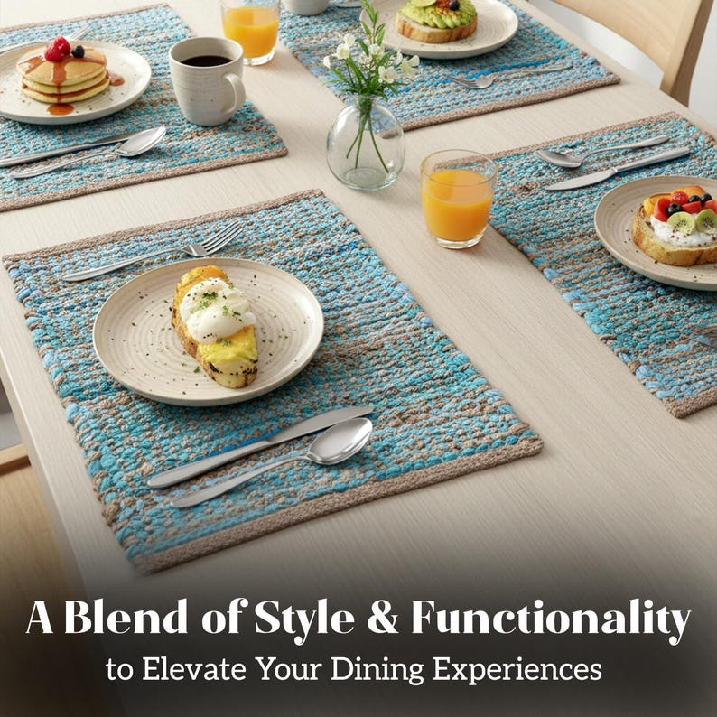 May include: A dining table set with blue and tan woven placemats, each with a plate, silverware, and a glass of orange juice. The plates hold breakfast items like pancakes and toast. The text reads "A Blend of Style & Functionality to Elevate Your Dining Experiences."