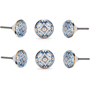 May include: Six decorative ceramic cabinet knobs. Each knob features a blue, white, and gold geometric pattern. The knobs have a round shape with a gold trim and a silver screw.