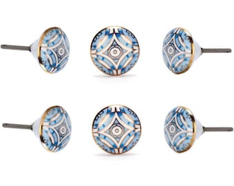 Handmade Blue Ceramic Hardware (Set of 6) Aster Floral Drawer Knobs Artisan Cabinet Knobs Dresser Knobs Cupboard Hardware Indigo & Marble