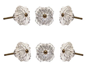Set of 6 Drawer Knobs Clear Glass Belle Cabinet Knobs Crystal Mushroom Dresser Knobs Handcrafted Glass Furniture Hardware Luxe Vanity Pulls