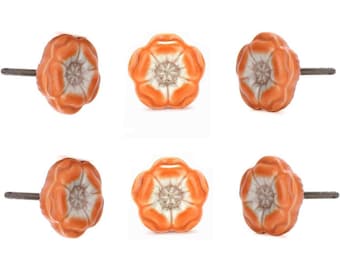 アザレアオレンジセラミック引き出しノブ6個セットフラワーキャビネットノブ手作り花柄ドレッサーノブヴィンテージ家具ハードウェア装飾プル