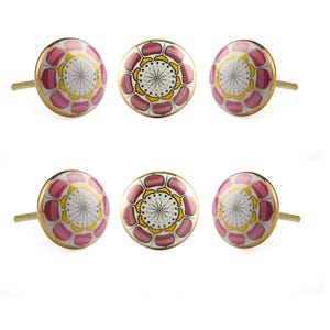 Marigold Ceramic Cabinet Knobs Set of 6 | Pink Floral Decorative Hardware for Dresser Kitchen Cupboard Drawer Pulls