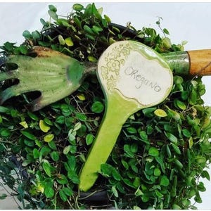 May include: A green ceramic garden tool with a hand-shaped rake and a label that says "Oregano". The tool is surrounded by green foliage.