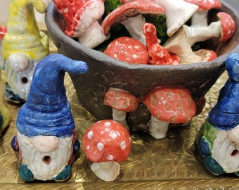 Handmade pottery gnome and mushroom set