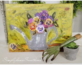 Vintage Gardening Original “12x16” Acrylic Painting on canvas pansies