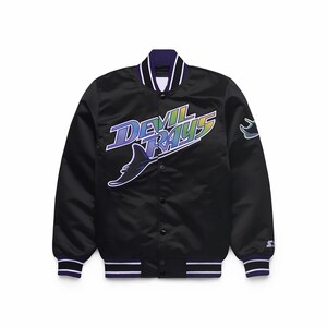 May include: Black satin jacket with the words "Devil Rays" in a gradient of blue and green across the chest. The jacket has a purple collar and cuffs with white and purple stripes. A logo is on the right sleeve.