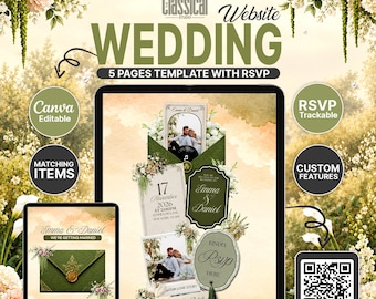 Olive Green Wedding Website Template | Editable Canva Digital Invitation with RSVP, Music & Envelope | Sage Floral Wedding Site
