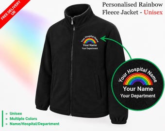 Embroidered Rainbow Nurse Jacket, Custom Name Medical Fleece, NHS Hospital Staff Uniform Coat, Nurse Appreciation Gift, Doctor Fleece Top
