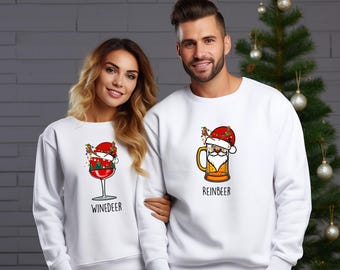 Winedeer Reinbeer Matching Sweatshirts, Funny Couple Christmas Jumper, Xmas Reindeer Sweater, Wine Beer Reindeer Pullover, Christmas Gift
