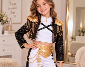 Rumi Mira inspiriertes K-Pop-Idol-Kostümset, Mädchen-Bühnenoutfit in Schwarz und Gold, Kinder-Tanzkleid, Halloween-Cosplay-Kostüm